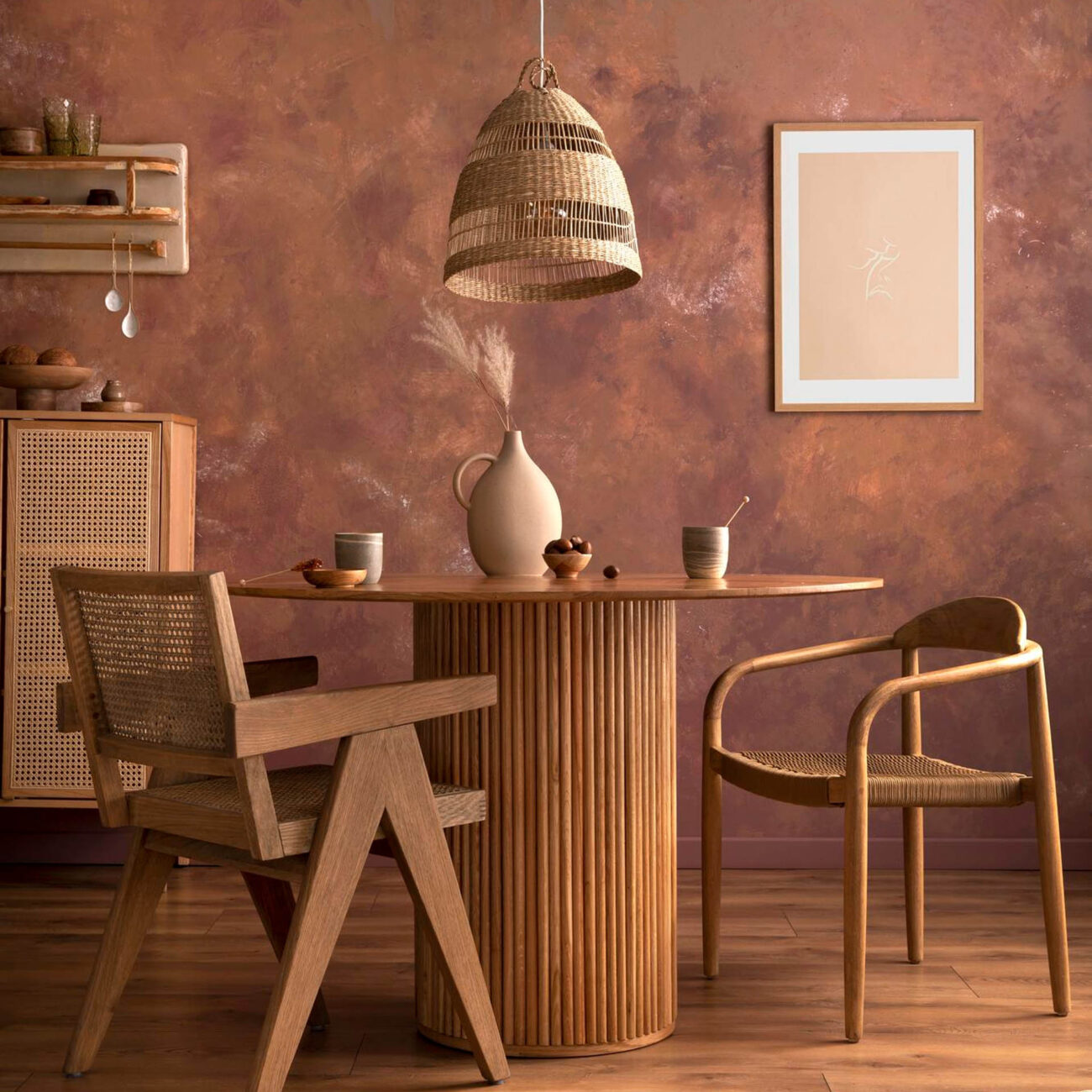 stylish-boho-vintage-dining-room-interior-with-poster-mock-up-round-table-with-rattan-chair-vase-with-dried-flowers-brown-wall-rattan-lamp-mock-up-poster-template-1300x1300